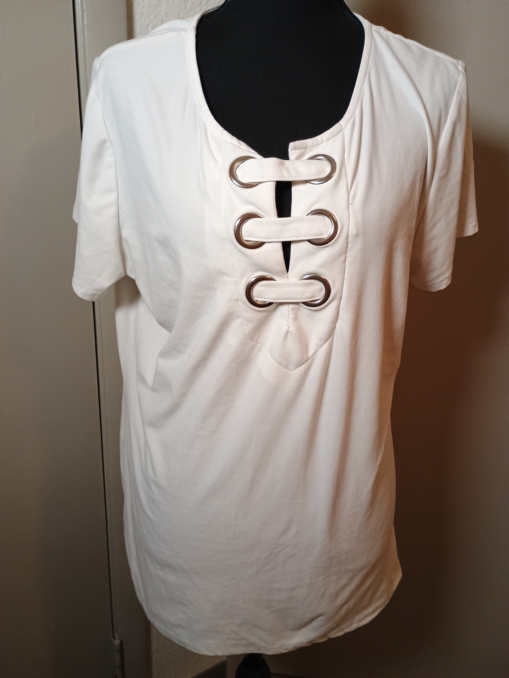 Lace-Up Short Sleeve Top in White Like New